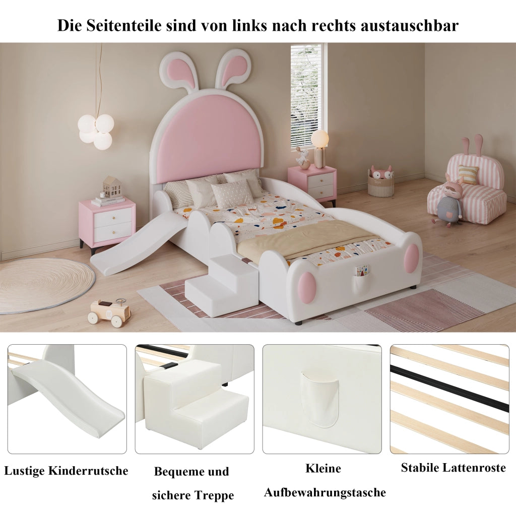 Letto enfant 90×200 cm con scivolo; piccola scala e testiera con orecchie da coniglio; senza materasso