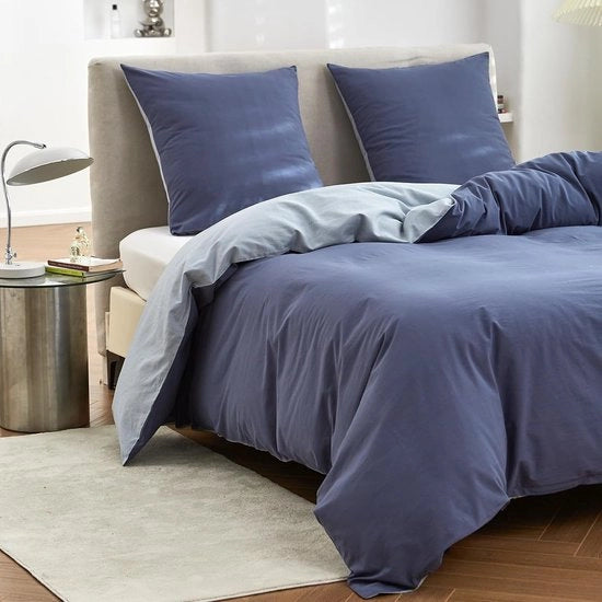 Set di coperte da letto in cotone 200 x 200 cm, certificato Oeko-Tex, con chiusura a zip, insieme di coperte da letto invernali a due tonalità con copri cuscino 80 cm x 80 cm, azzurro chiaro/blu denim