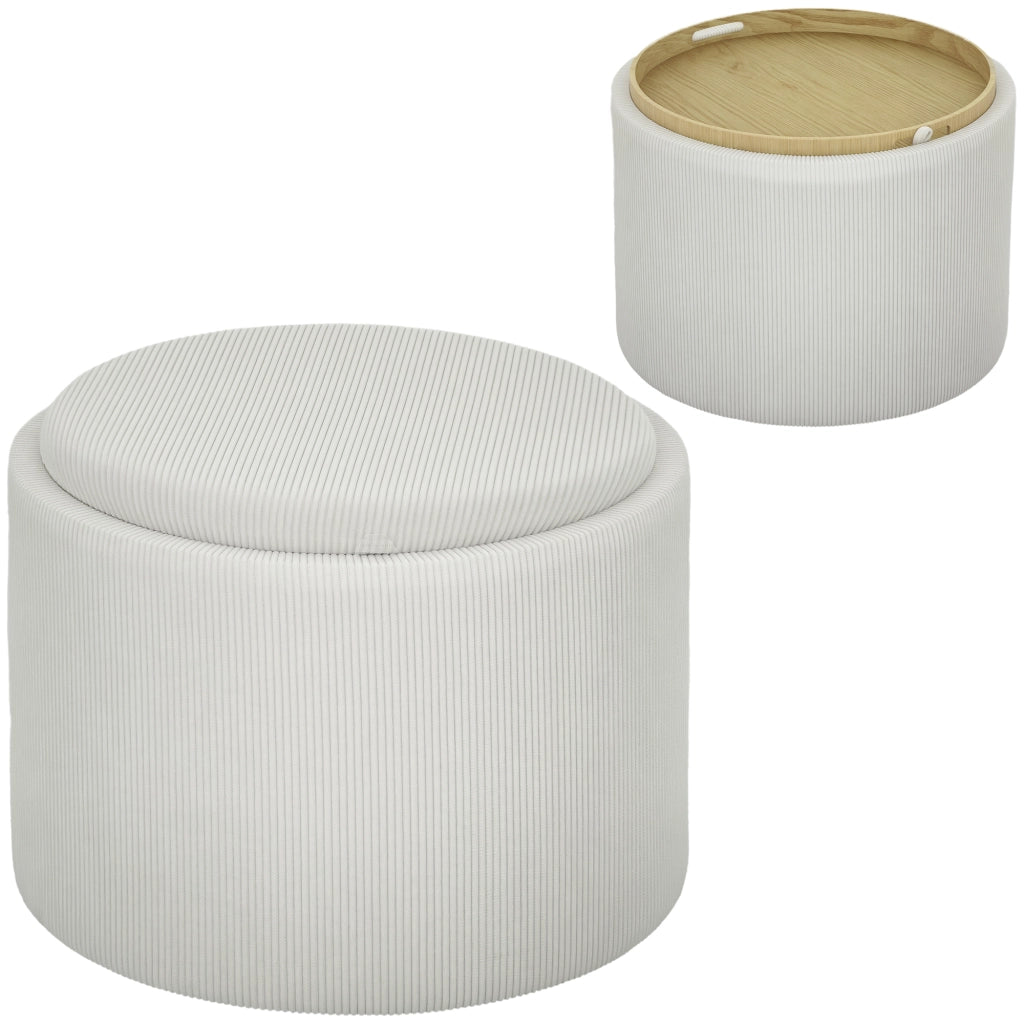 Pouf contenitore rotondo ¨C Xylo ¨C Tessuto a coste crema con vano portaoggetti