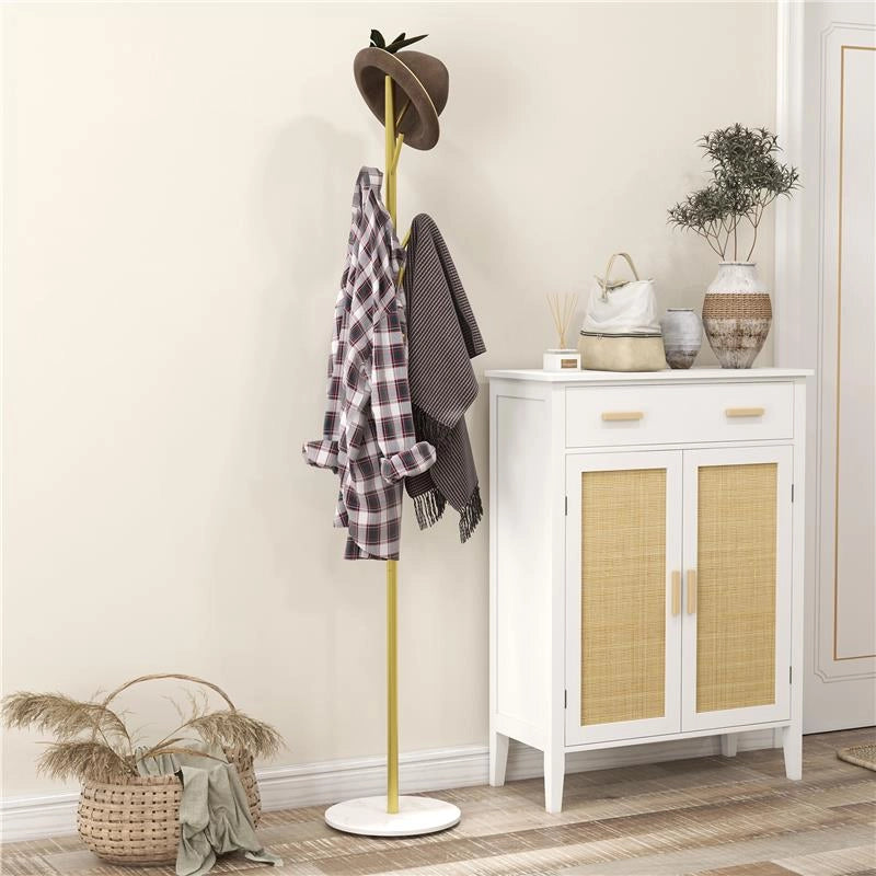 APPENDIABITI DA TERRA AUTOPORTANTE CON 8 GANCI, BASE IN MARMO E ACCIAIO, 132X164CM, ORO