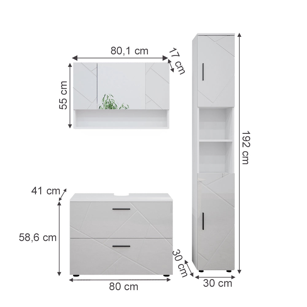 Vicco Set mobili bagno Bianco lucido 3 pezzi, base 80 cm