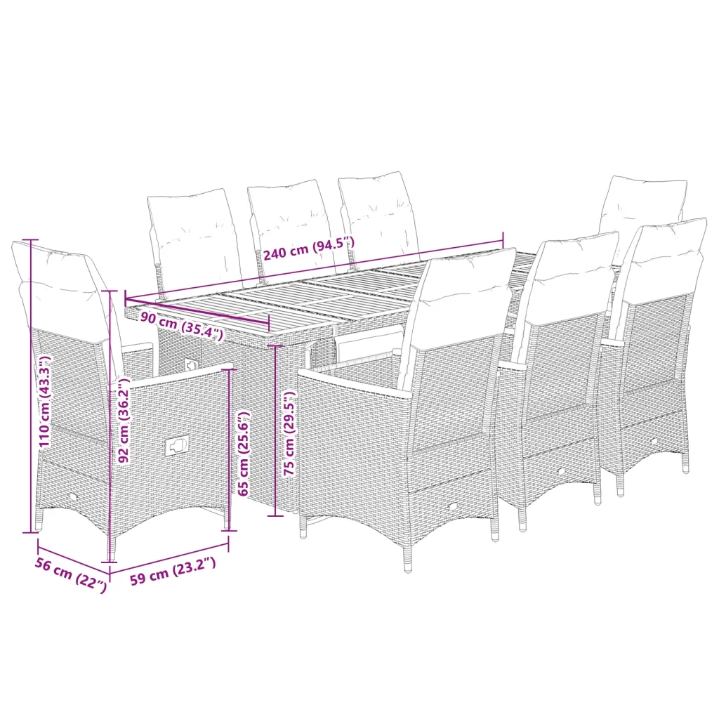 Set BistrÃ² da Giardino 9 pz con Cuscini in Polyrattan Grigio