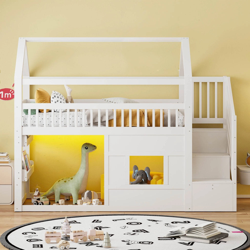 Letto a soppalco per bambini con LED; scala a 2 vani e finestra LEMONMAX; 90x200 cm; cabana mezza altezza; pino massiccio; bianco