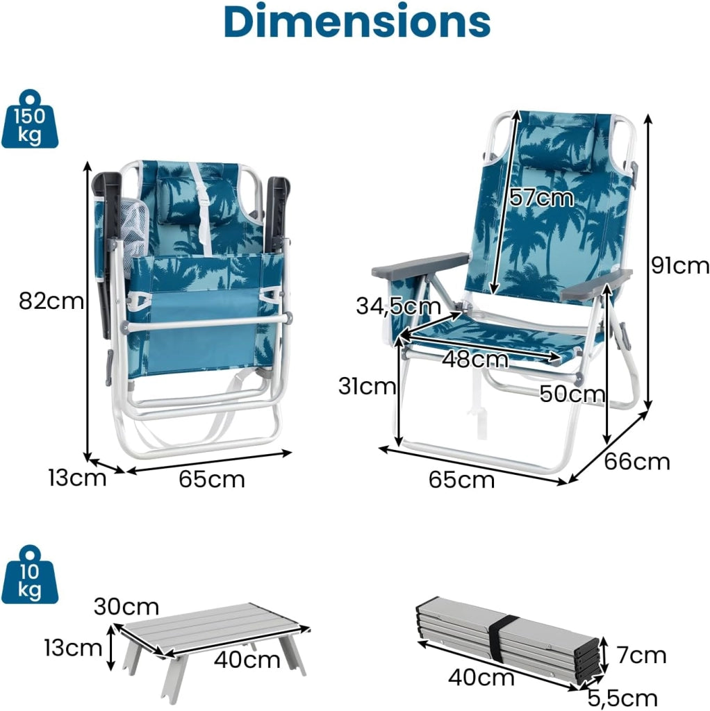 Sedie da spiaggia pieghevoli con tavolo, sedie da campeggio con poggiatesta e schienale regolabile, beach chair con sacchetto di ghiaccio e portabevande e custodia fino a 136/150 kg (modello