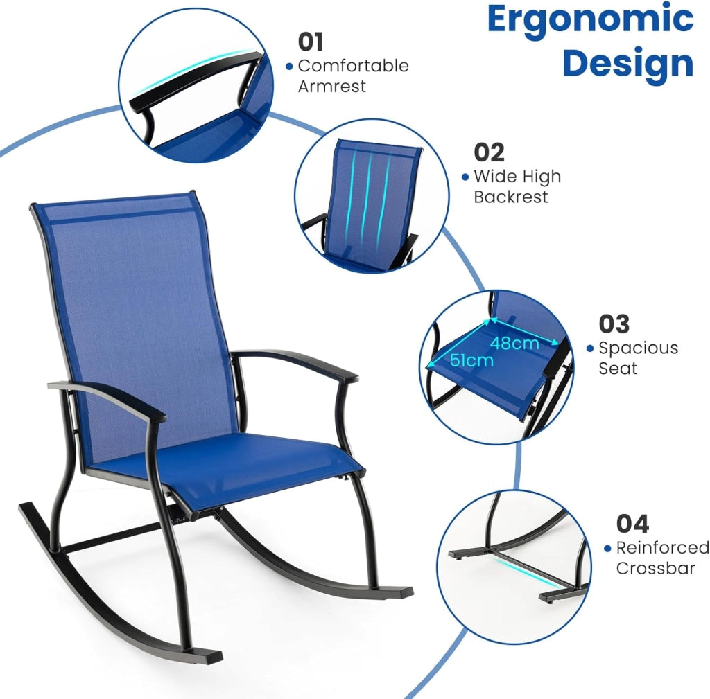 Set di 2 poltrone a dondolo in tessuto a rete, sedia a dondolo da esterno, design ergonomico, Rocking-Chair, carico 150 kg, per terrazza, patio, giardino, 102 x 68 x 100 cm, colore: blu