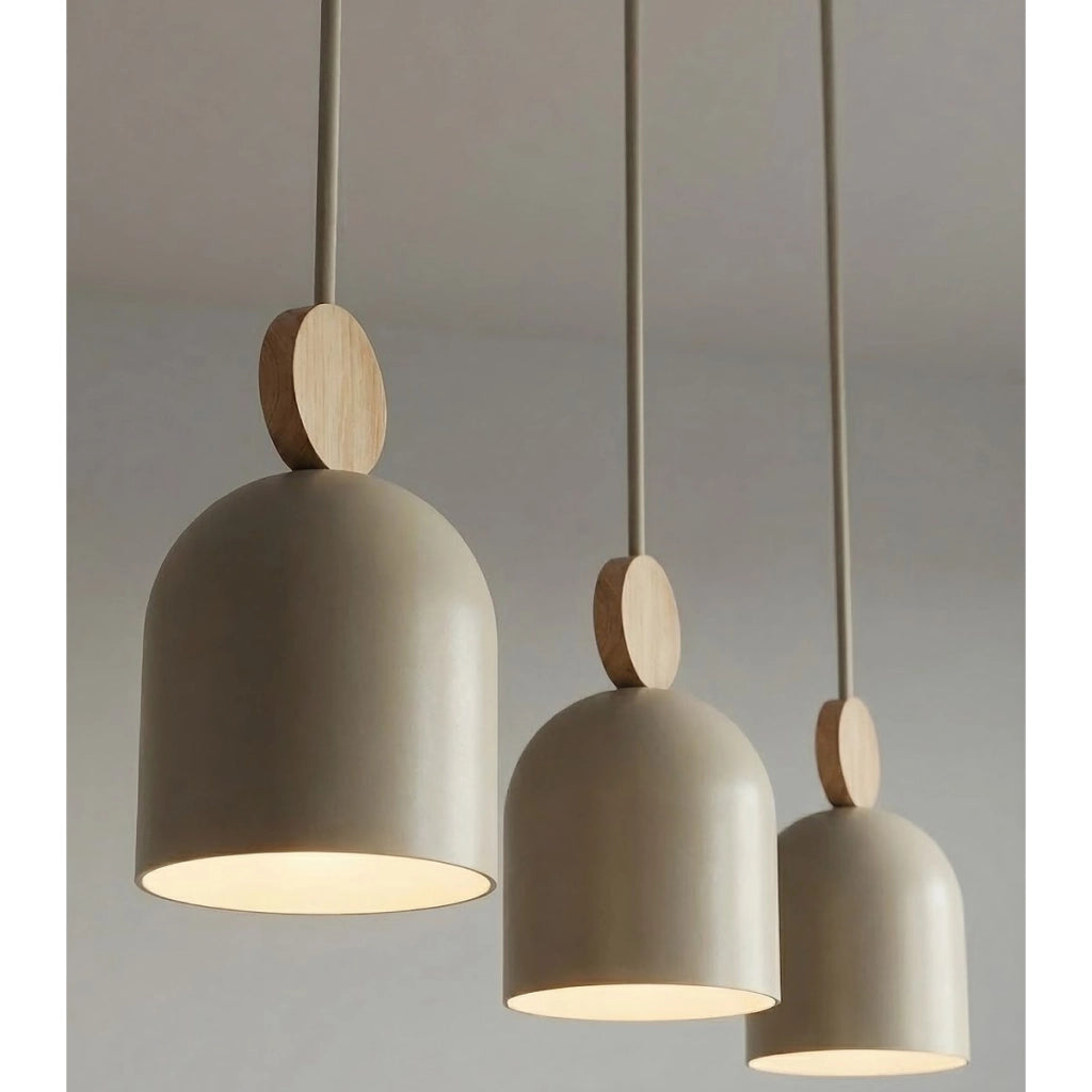 Lampada a sospensione Mesi in acciaio beige e legno