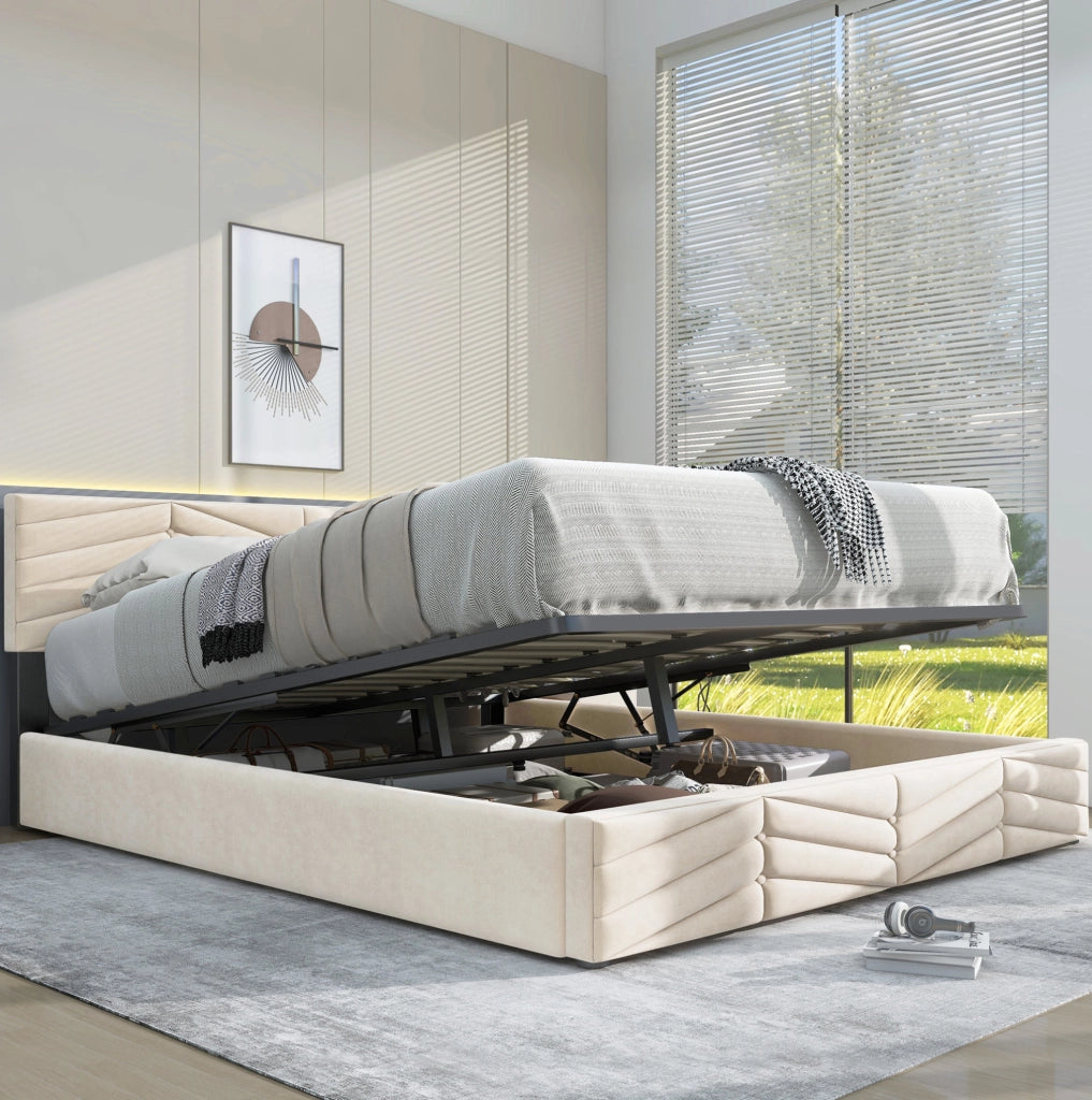 Letto imbottito 140x200 cm in velluto beige con rete a doghe e testiera regolabile