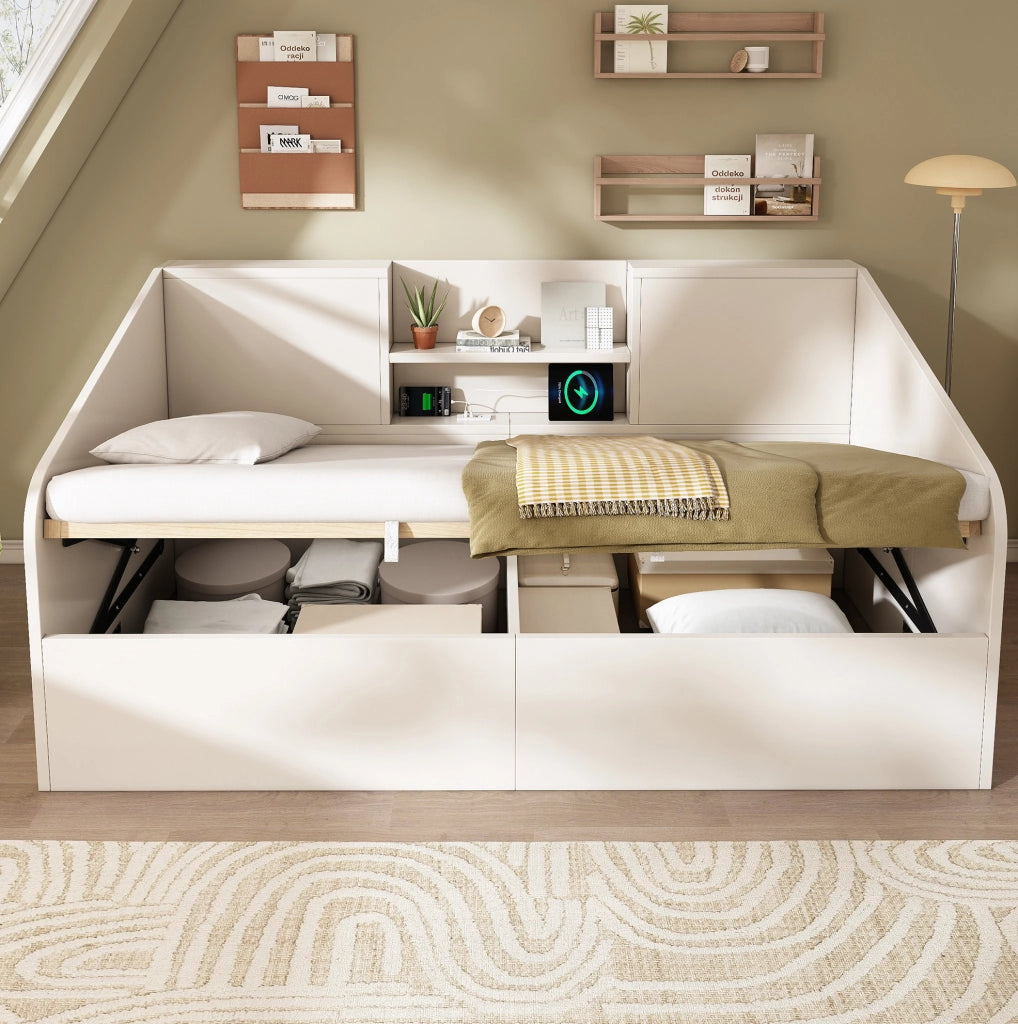 Divano letto contenitore idraulico bianco con USB e vano portaoggetti