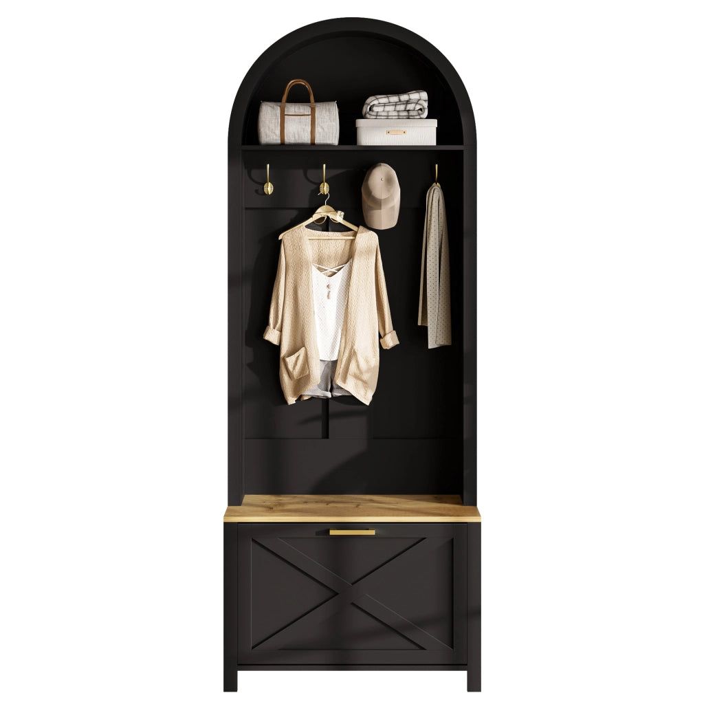 Mobile Ingresso Appendiabiti a Albero con Mensola e Scarpiera; in MDF; Nero e Legno; 75??35??195 cm