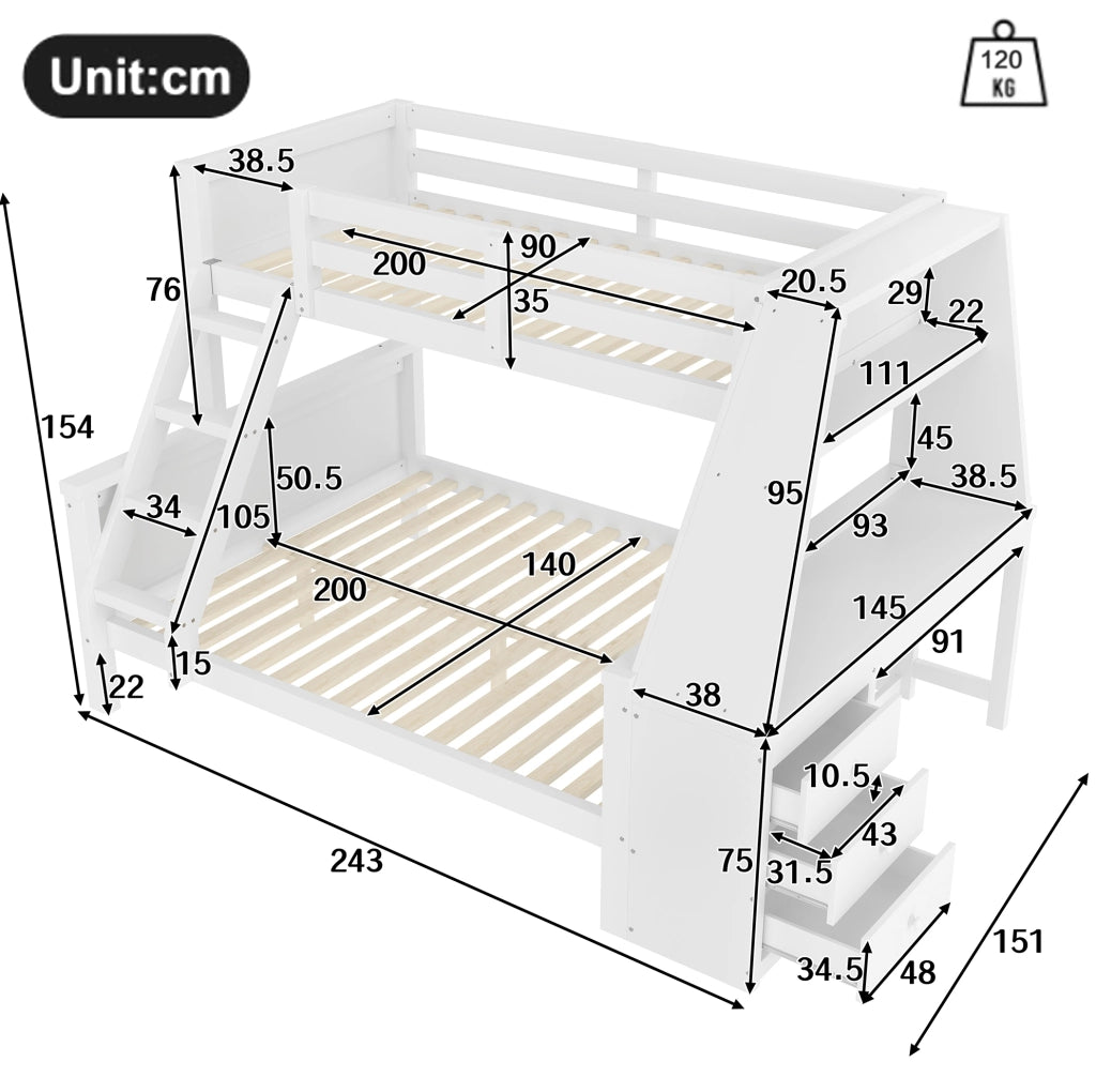 Letto a castello 90x200 e 140x200 cm con scrivania; libreria e 3 cassetti; pino e MDF bianco