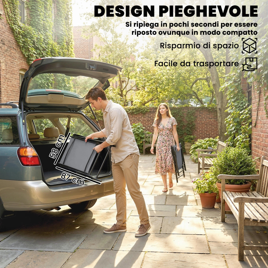Set di 2 Sedie 58x62x97 cm Pieghevoli con Schienale Alto e Braccioli in Acciaio e Tessuto Grigio Chiaro