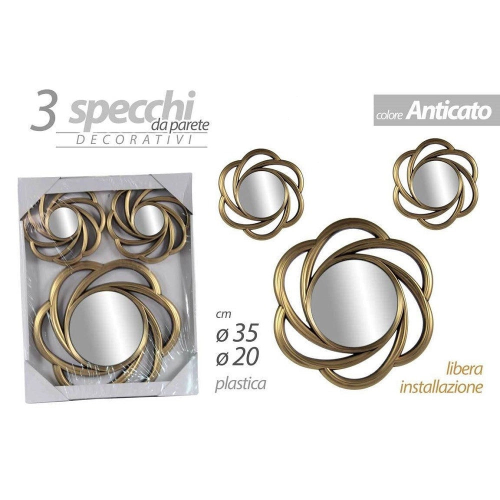 Trade Shop - Set 3 Specchi Parete Decorativi Oro Anticato Libera Installazione 20-35cm 836855 -