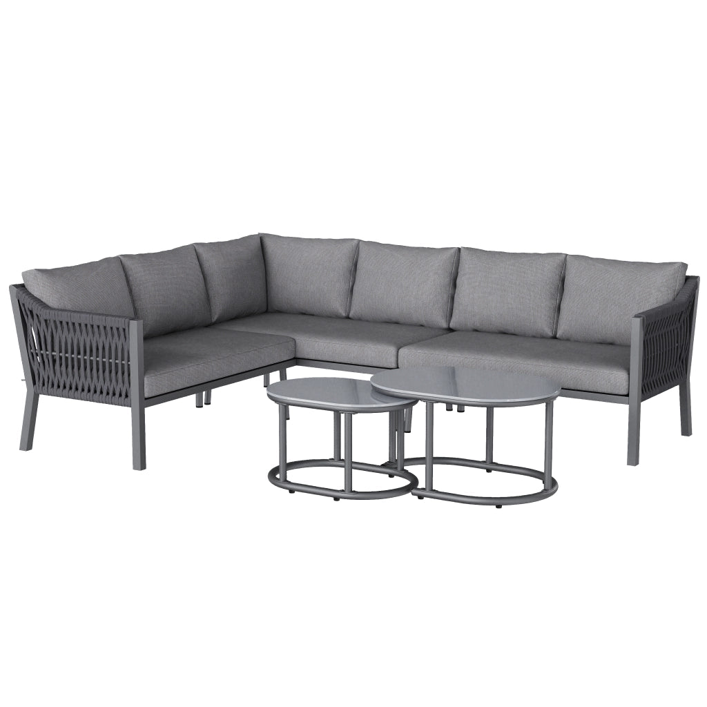 Set da Giardino 6 Posti con Tavolino, Divano e Tavolo in Vetro ¨C MINIMAL ¨C Acciaio, Corda Intrecciata, Grigio