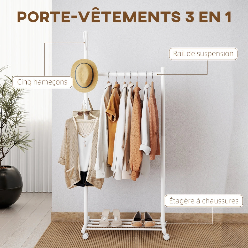 Portant a vestiti con ruote, scaffale scarpe e 5 ganci ¨C zephmum ¨C bianco 68x43x171 cm
