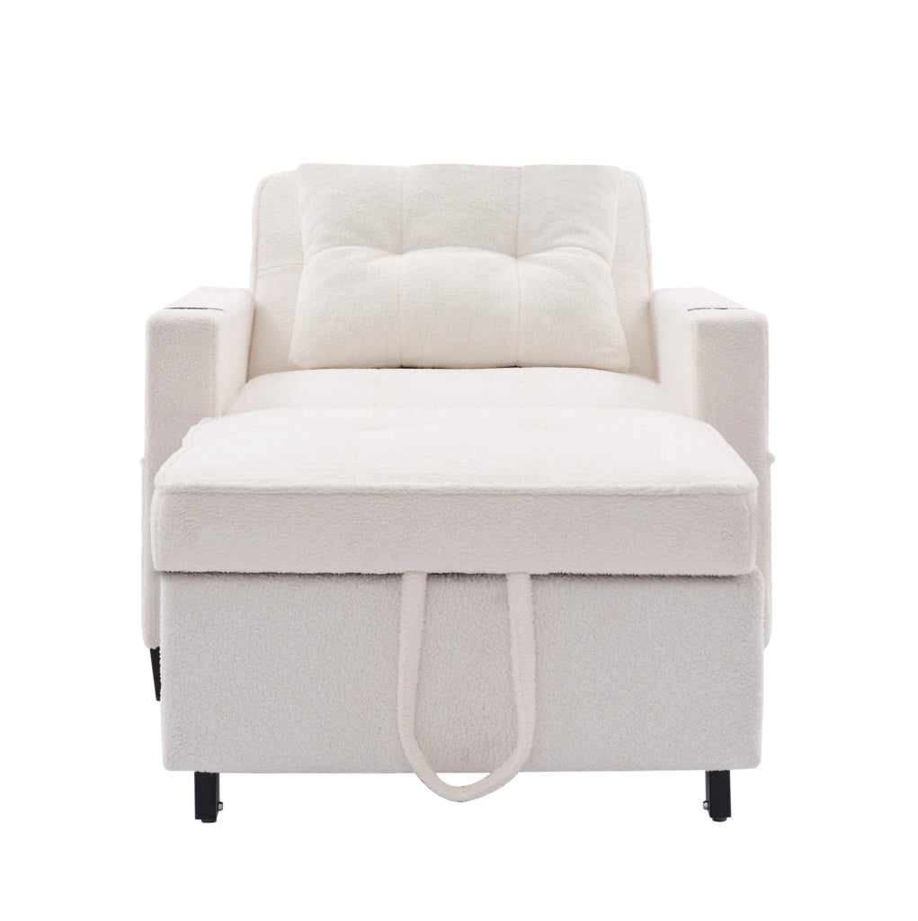 Poltrona letto 3 in 1 87x74x84 cm bianca con USB e portabicchieri, legno e metallo