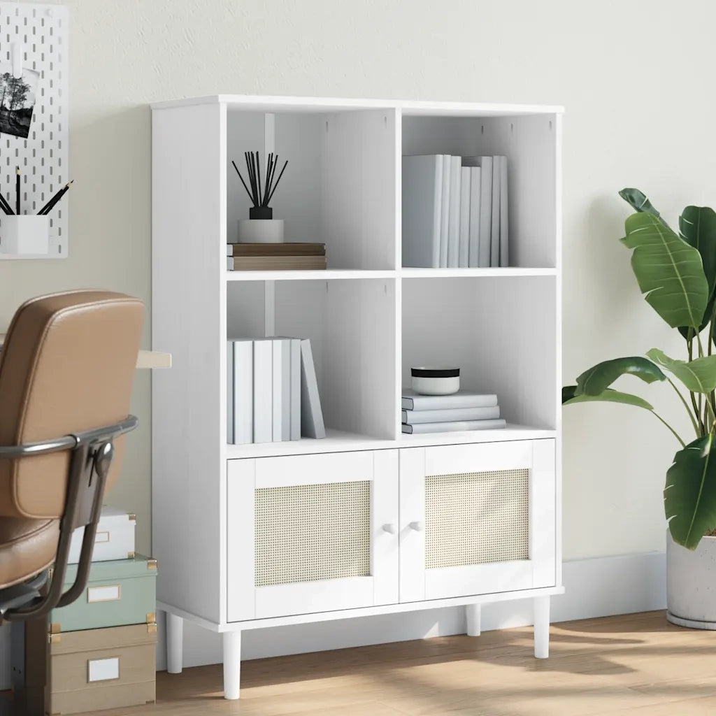 Credenza | Madia | Buffet da pranzo | Armadio da pranzo SENJA Aspetto Rattan Bianco 90x35x130 cm Massello Pino