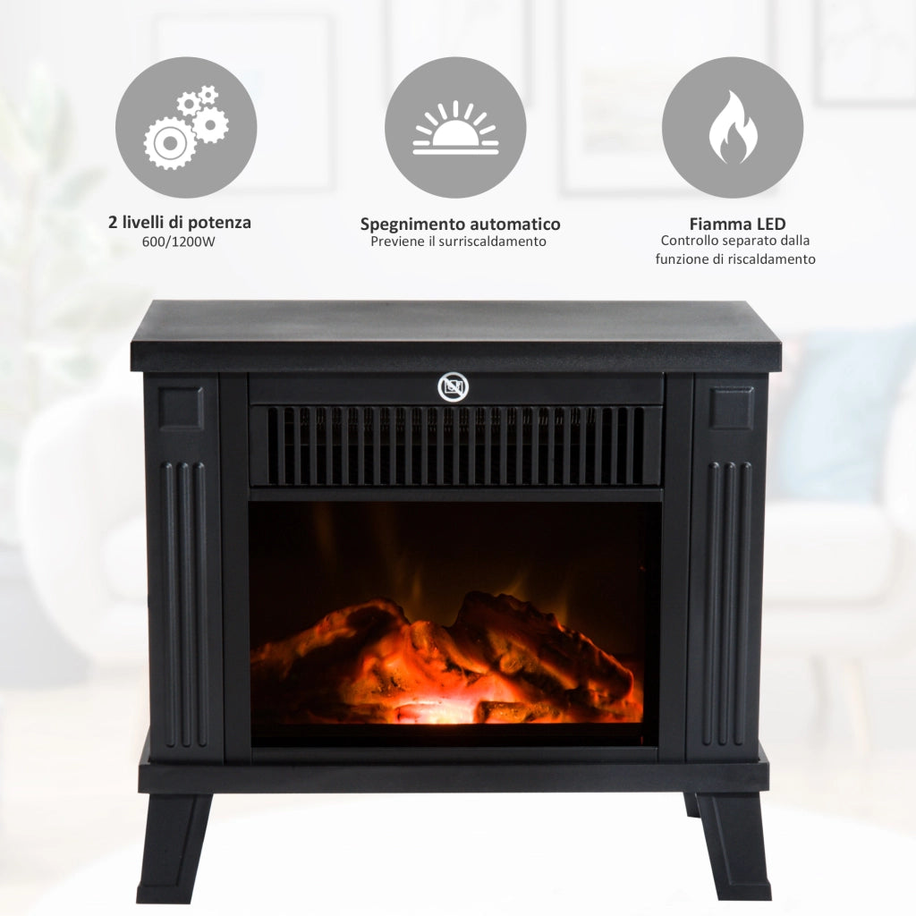 EasyComfort Camino Elettrico da Terra Moderno 600W/1200W con Effetto Fiamma, Caminetto Elettrico con Protezione da Surriscaldamento e Antiribaltamento, 34x17x31 cm, Nero
