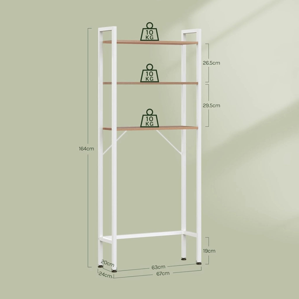 Mobile Sopra Lavatrice a 3 Ripiani, Scaffale Coprilavatrice Salvaspazio, Organizer da Bagno Portaoggetti, Mobiletto Sopra WC in Legno e Metallo, Rovere Chiaro e Bianco, 67x20x164cm
