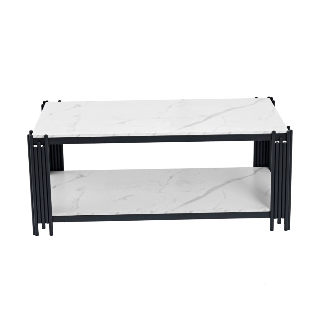 Tavolino da caffè rettangolare con 2 ripiani in MDF e supporti in metallo bianco e nero