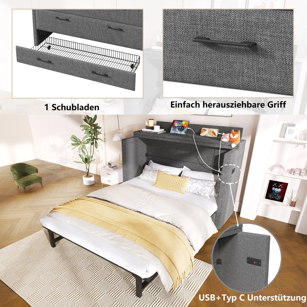 DESMIU Letto a scomparsa 140 × 200 cm 2 posti con 1 cassetto, USB, Type-C e ripiano, senza materasso, grigio