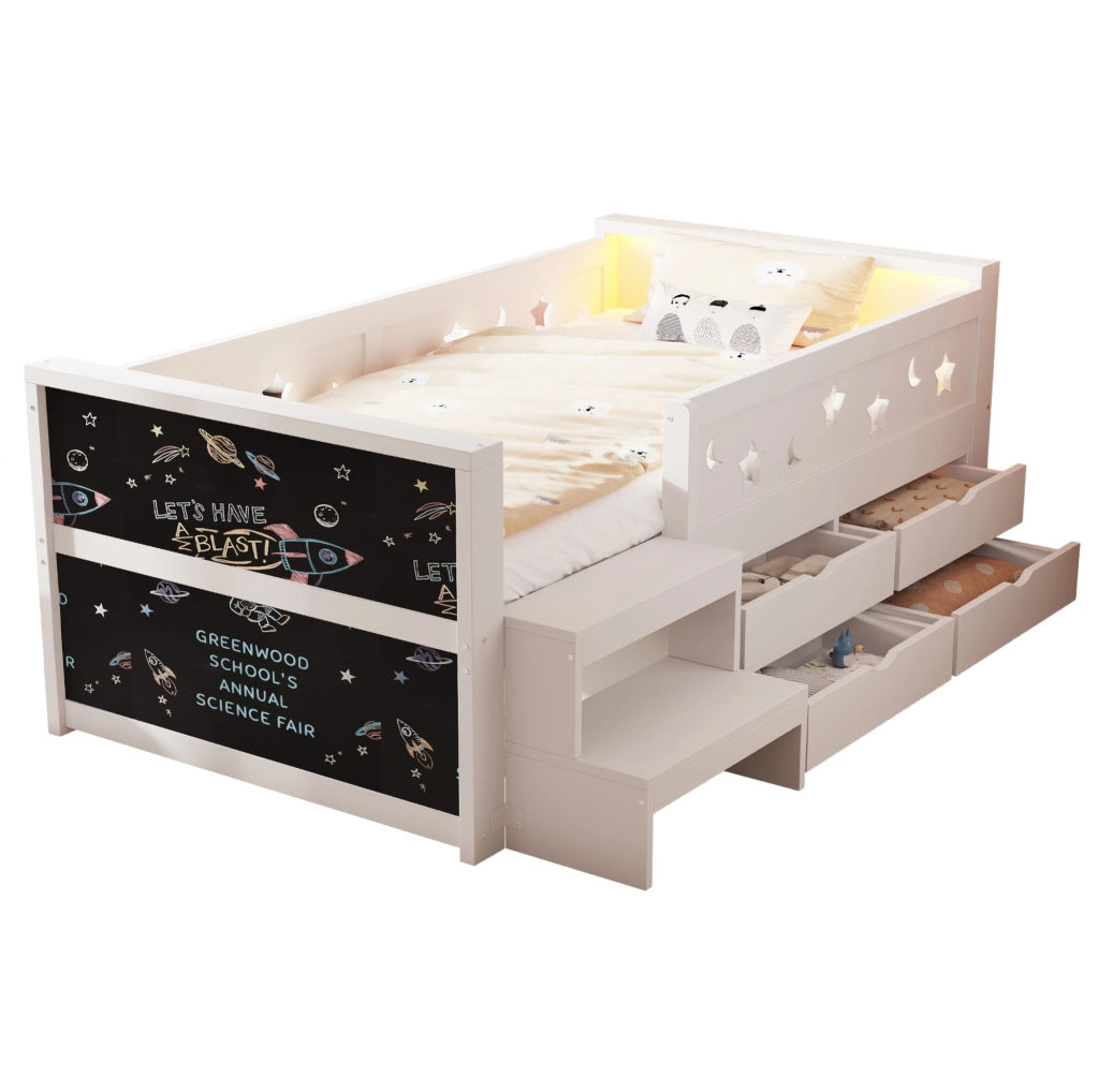 Letto singolo per bambini 90x200 cm in legno bianco con sponde traforate; cassetti e LED