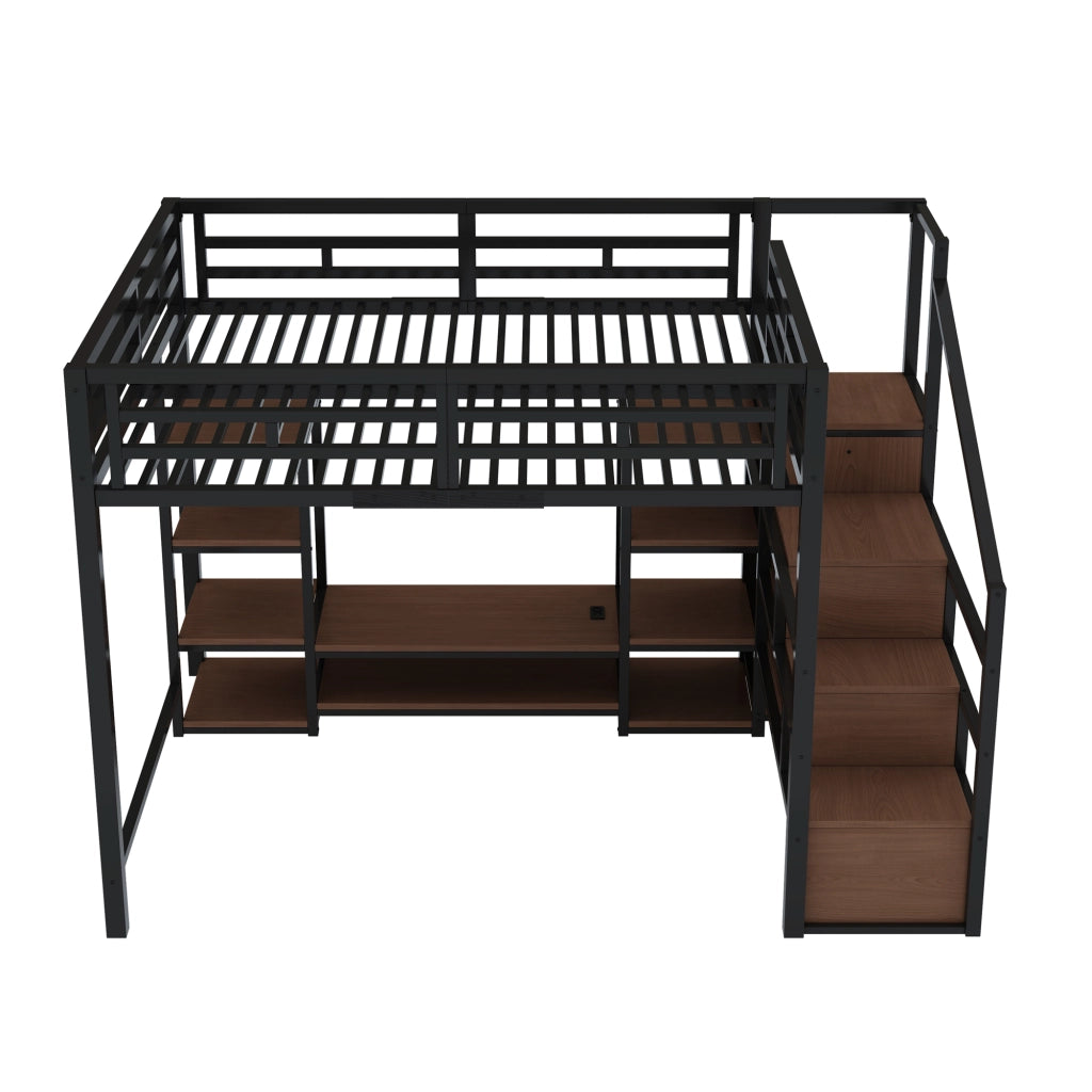 Letto a soppalco 251x96x174 cm con supporto TV e presa in metallo e MDF nero