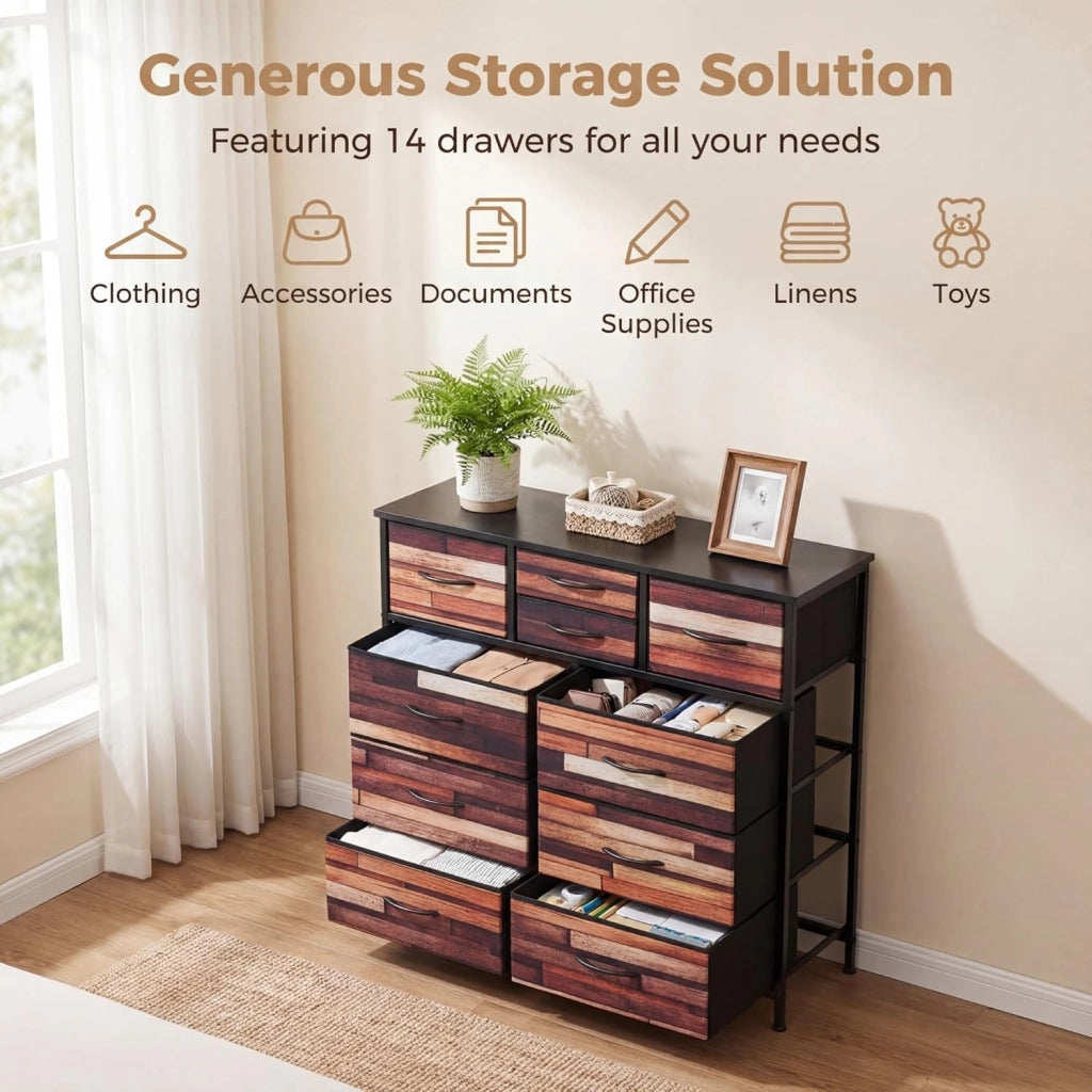 Cassettiera Camera da Letto con 11/14 Cassetti Pieghevoli, Credenza Soggiorno, Mobiletto Contenitore, Comò Multiuso per Salotto, Ingresso, Stile Industriale, in Legno, Metallo (85 x 30 x 120 cm)