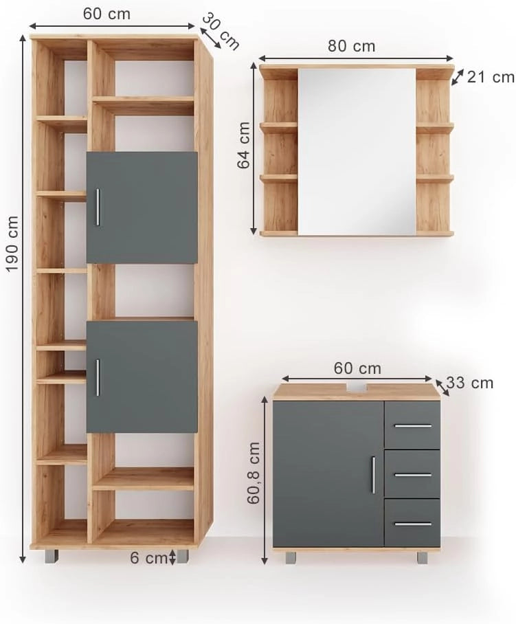 Set mobili bagno Ilias, Rovere, 60 cm, composto da mobile sottolavabo, specchiera e colonna alta