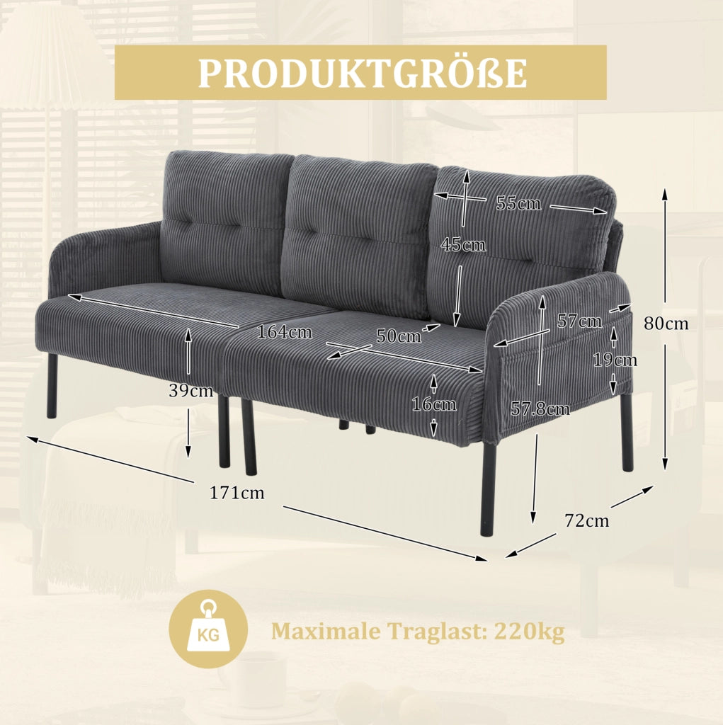 Divano a 3 posti in corduroy grigio 171x72x80 cm con tasca laterale e struttura in metallo