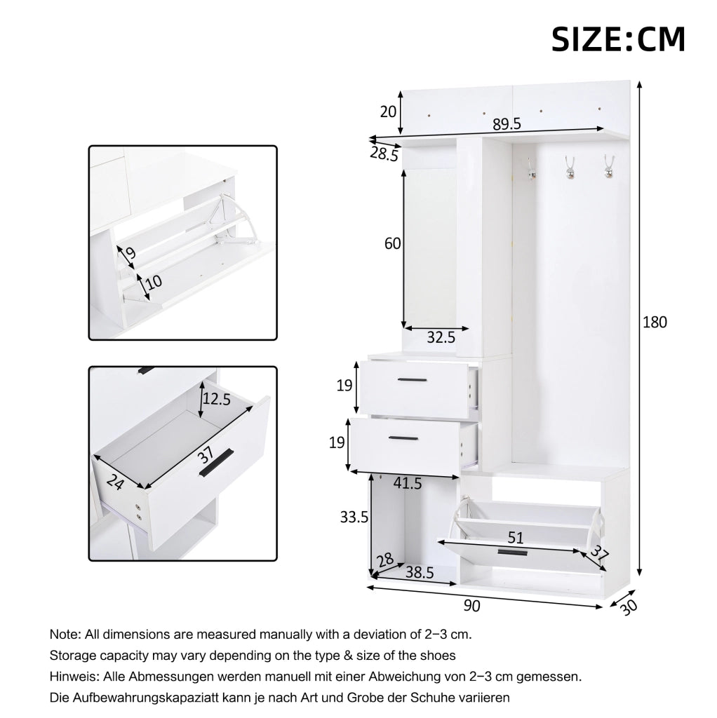 Garderoba 90x30x180 cm con specchio; ripiani pieghevoli e ganci in MDF bianco