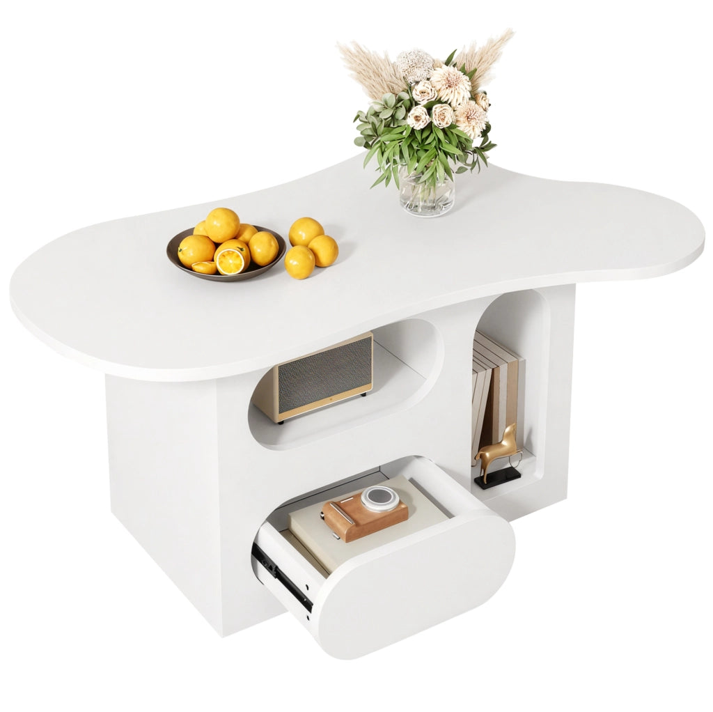 Tavolino da salotto a forma di nuvola con cassetti e vani aperti 97 x 45 x 43;5 cm bianco