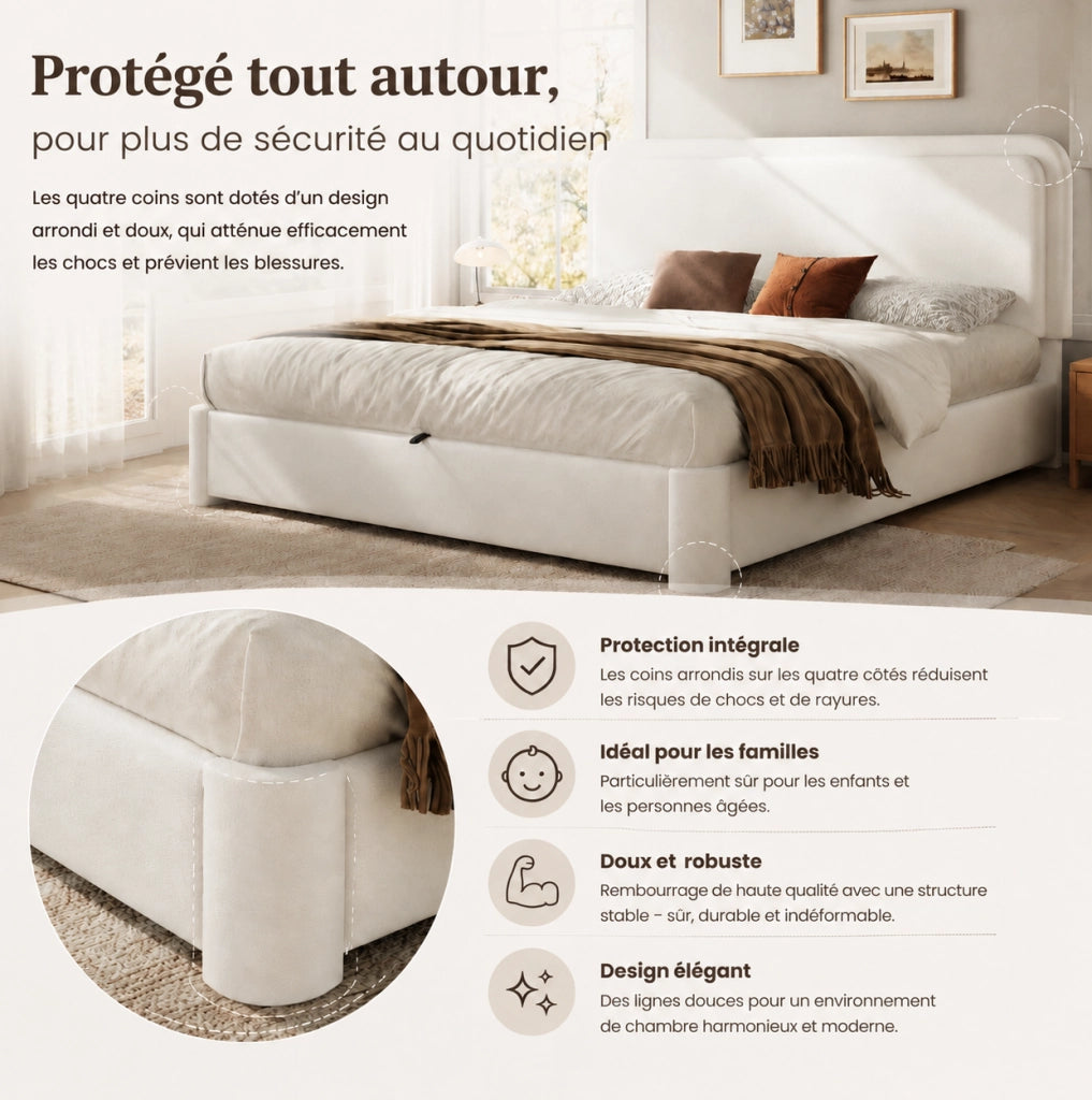 Letto matrimoniale 160x200 cm con contenitore idraulico; testiera regolabile; bouclé bianco