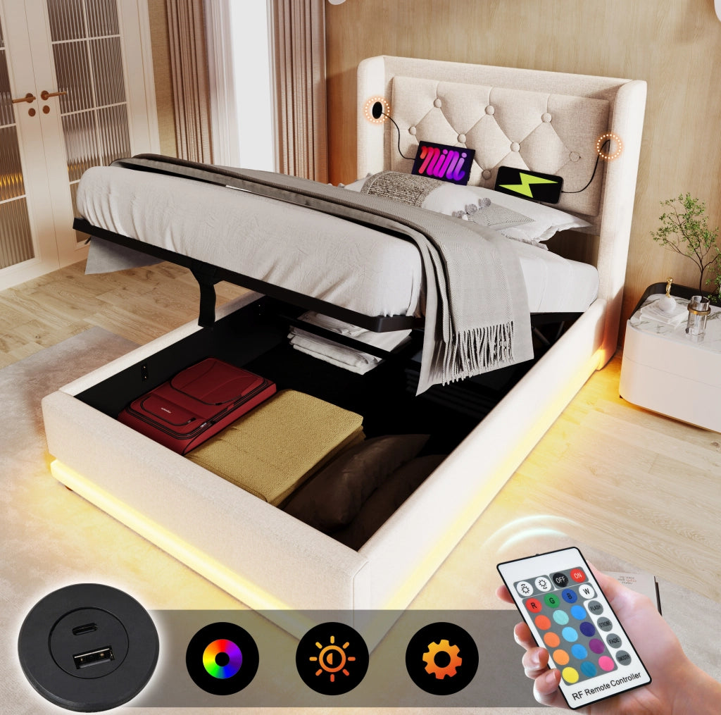 Letto singolo contenitore ULEVR 90x200 cm beige con materasso, LED 3 lati, USB e Type-C