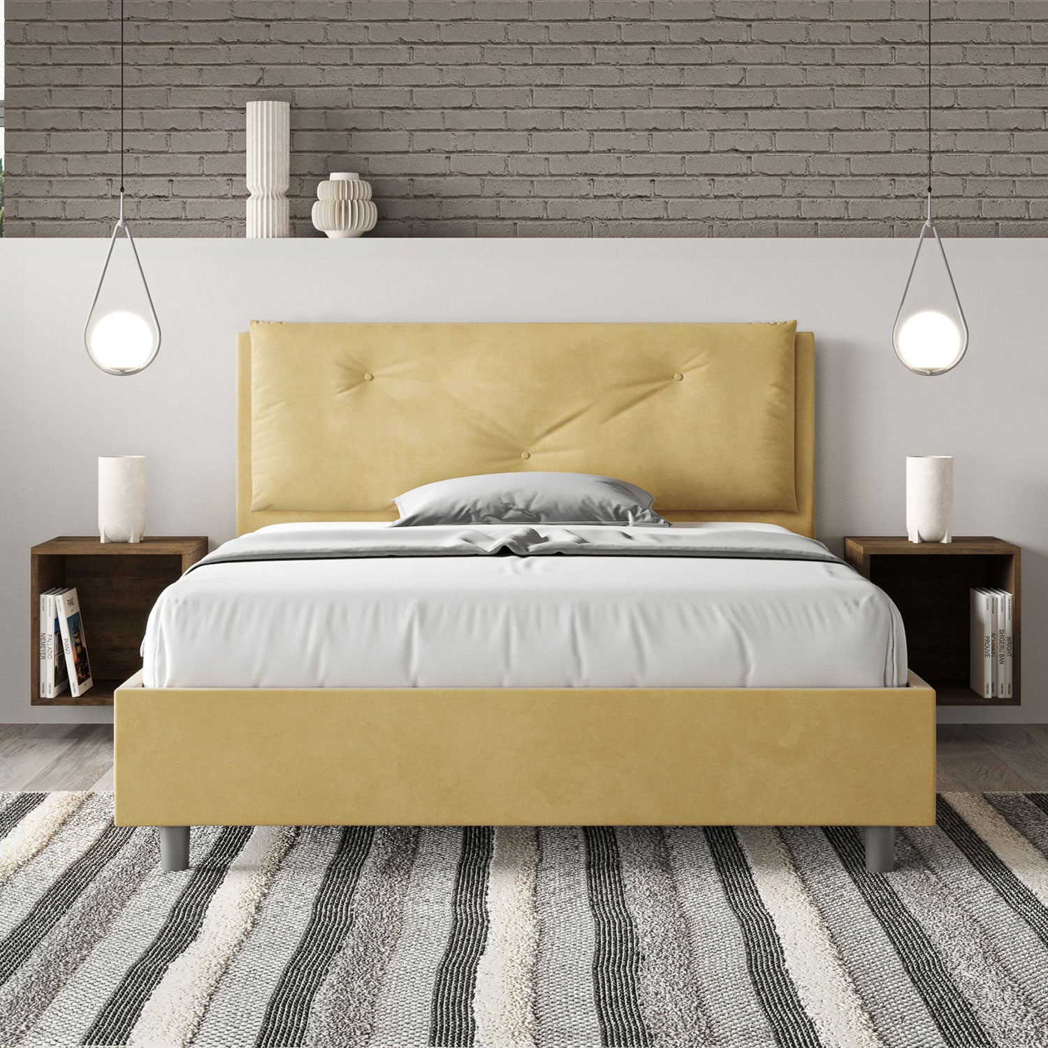 Letto Matrimoniale Francese 140x210 cm con Rete e Contenitore Imbottito in Microfibra Appia Large Ocra