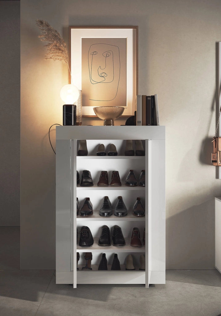 Armadio multiuso 2 ante Bienvenu, Mobile multifunzionale, Mobiletto scarpiera, Guardaroba porta scarpe, Made in Italy, 78x35 h113 cm, Bianco
