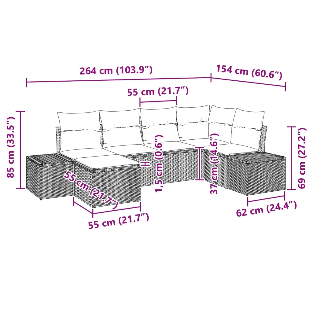 Set Divano da Giardino con cuscino 6 pcs Marrone polyrattan 3347134