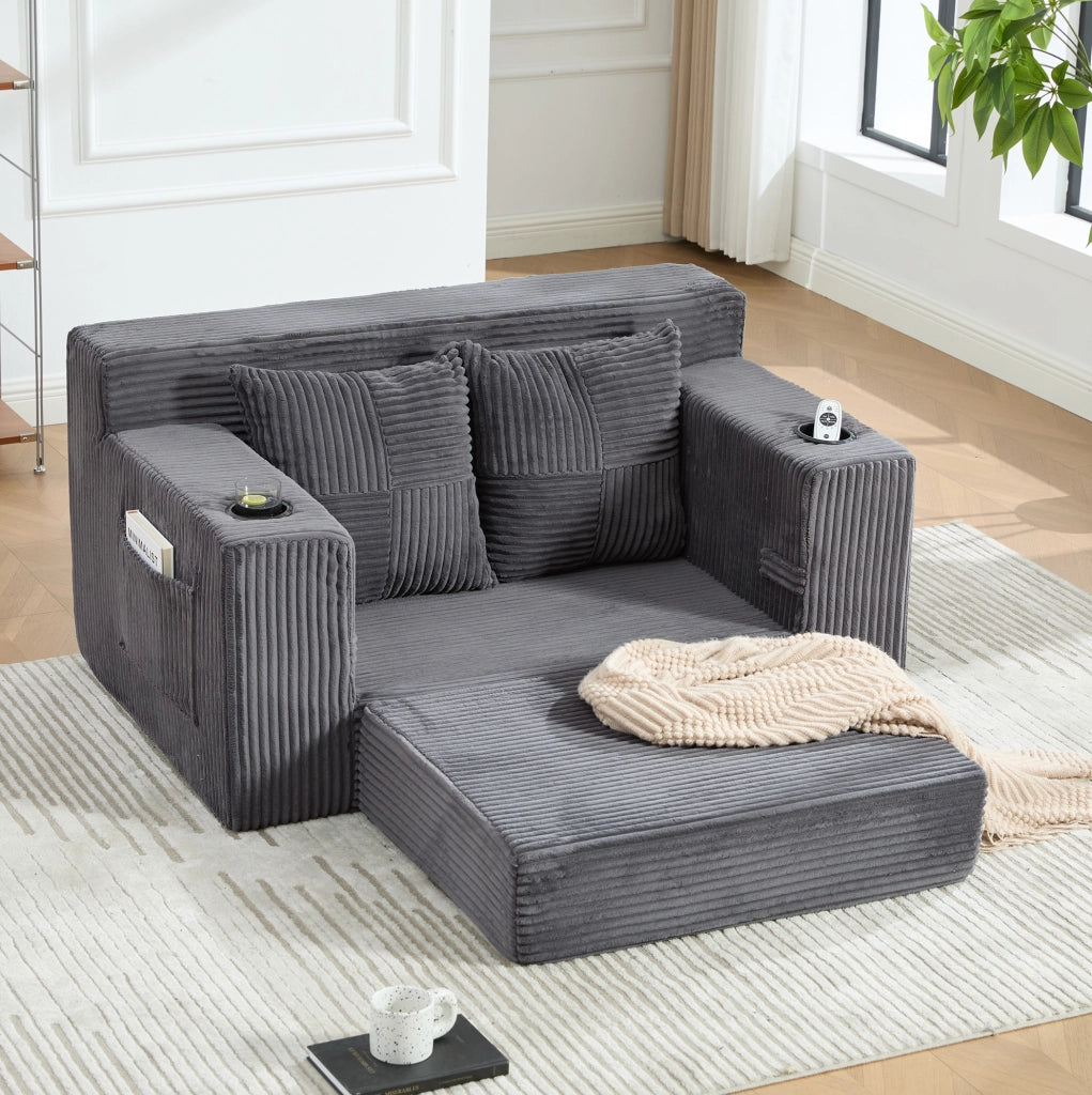 Pouf divano moderno in corduroy grigio 151x133x64 cm con tasche laterali e 2 cuscini