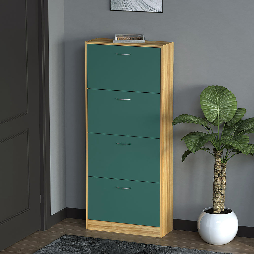 Scarpiera 4 Ante con Maniglia 63x24x150 cm Ripiani Doppia Profondità in MDF Quercia e Verde