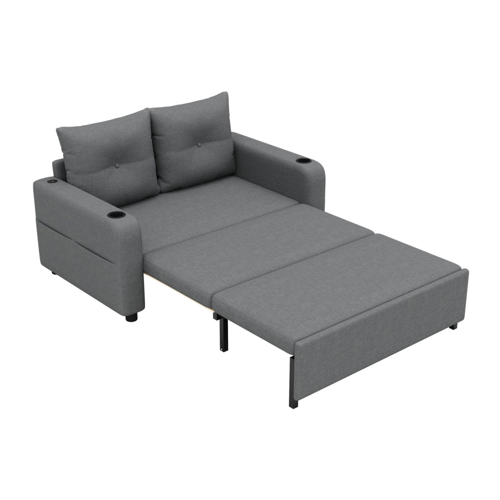 Divano letto 2 posti - con funzione letto; portabicchieri e USB - in cotone lino grigio