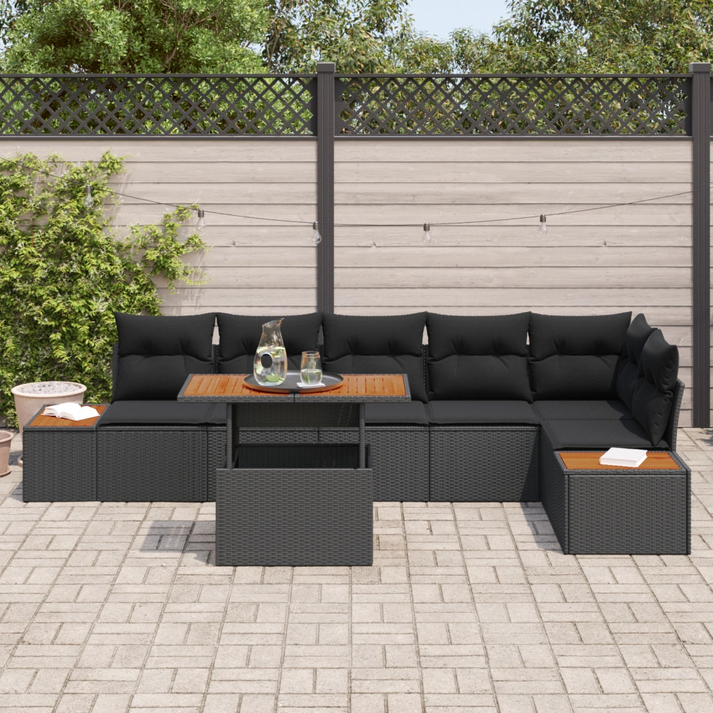 Set da pranzo da giardino 7 pezzi con cuscini Nero Polyrattan Acacia