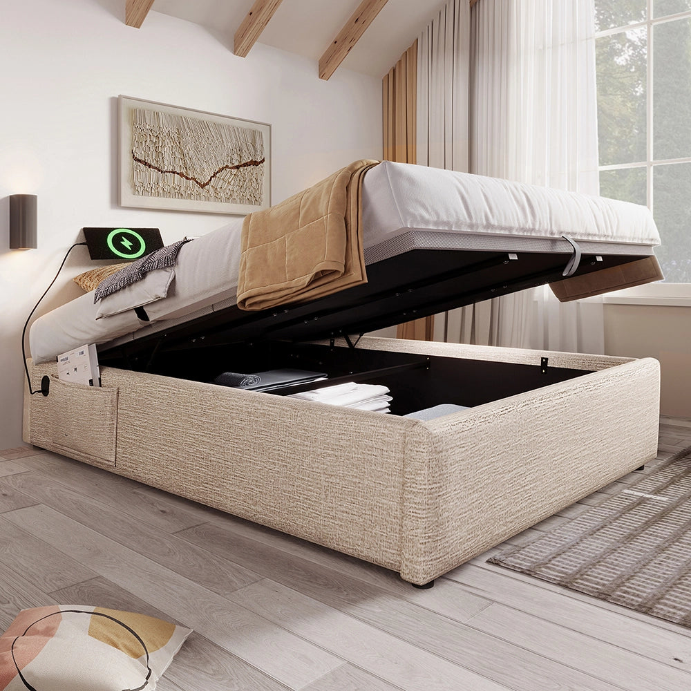 Letto matrimoniale imbottito - Xylo - 160x200 cm - Naturale - Con USB-C e testiera