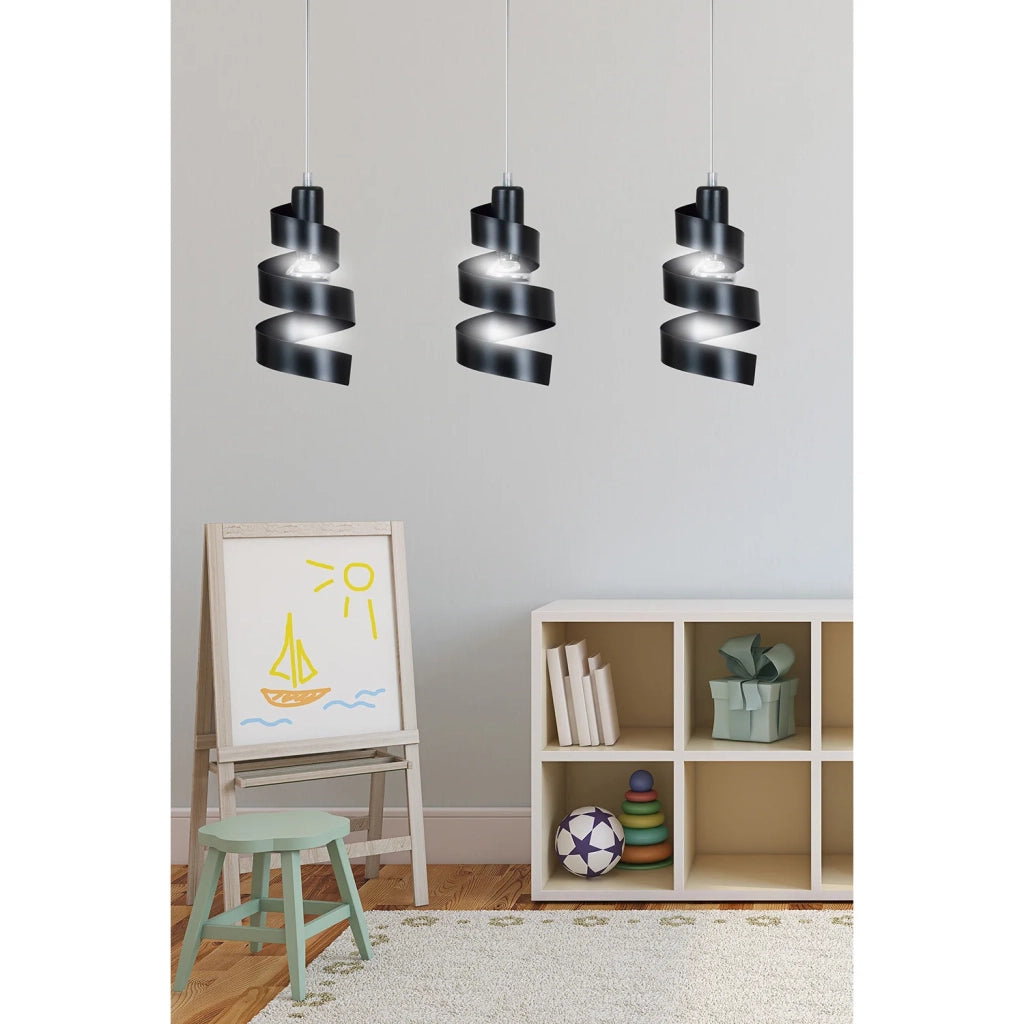 Lampadario Moderno 3 Luci Tristano In Acciaio Nero Con Fasce A Spirale