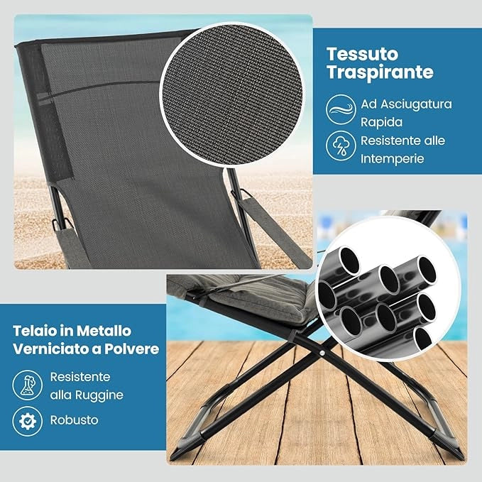 Sedia da Giardino con Poggiapiedi, Sedia a Sdraio Pieghevole, con Cuscino Rimovile, Sedia Reclinabile da Spiaggia, Sedia Portatile da Esterno, Portata 110 kg