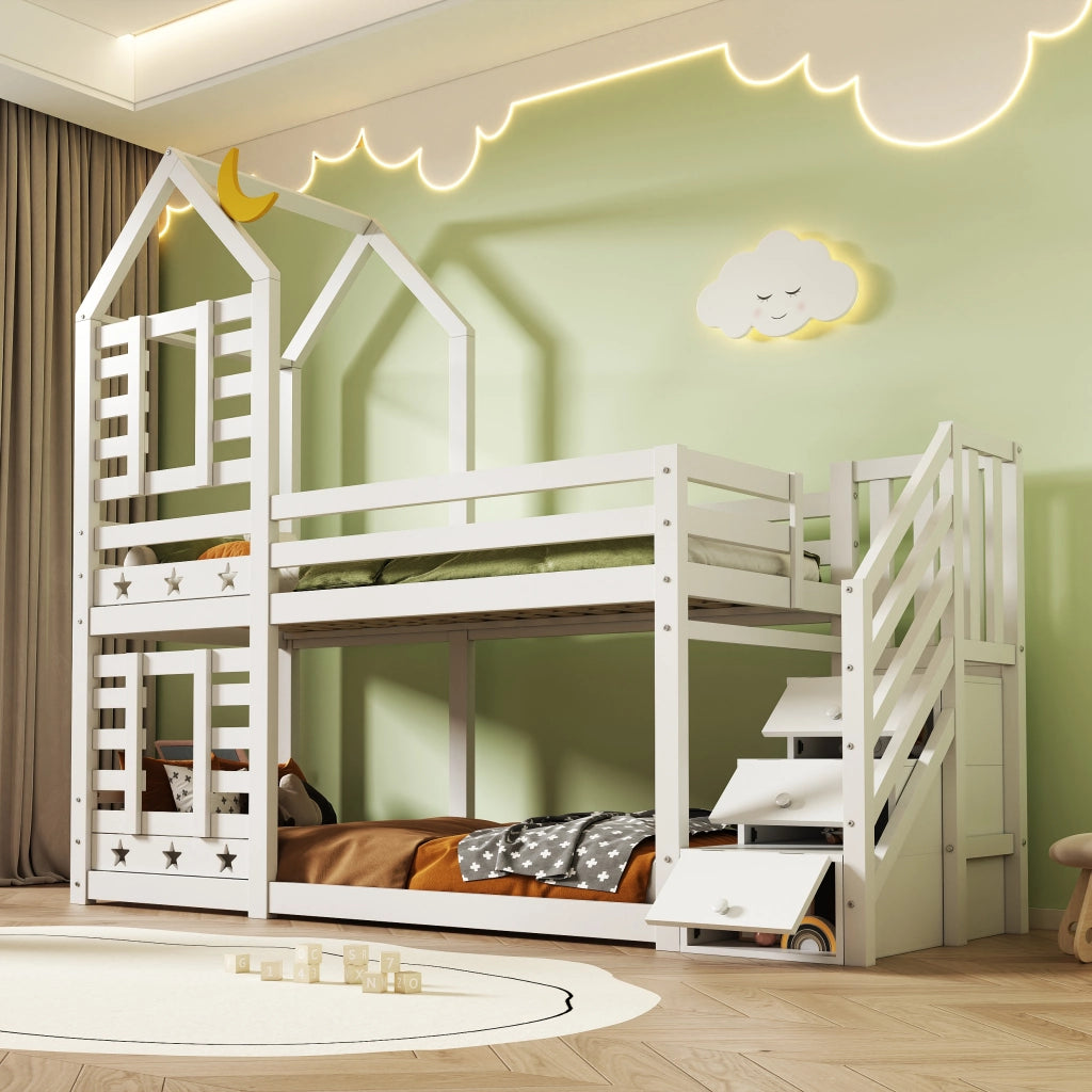 Letto a castello per bambini con cassetti e scala contenitore, 90 x 200 cm, bianco, con reti a doghe