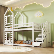 Letto a castello per bambini con cassetti e scala contenitore, 90 x 200 cm, bianco, con reti a doghe