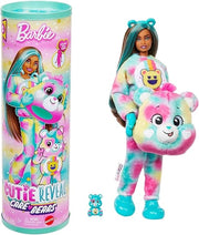 Barbie - Good Vibes Bear, bambola Cutie Reveal Care Bears Serie 2 con costume in peluche e mini orso, 10 sorprese e acce