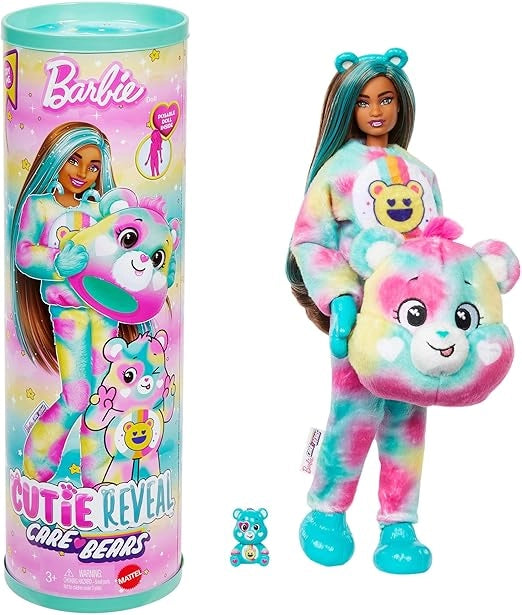 Barbie - Good Vibes Bear, bambola Cutie Reveal Care Bears Serie 2 con costume in peluche e mini orso, 10 sorprese e acce