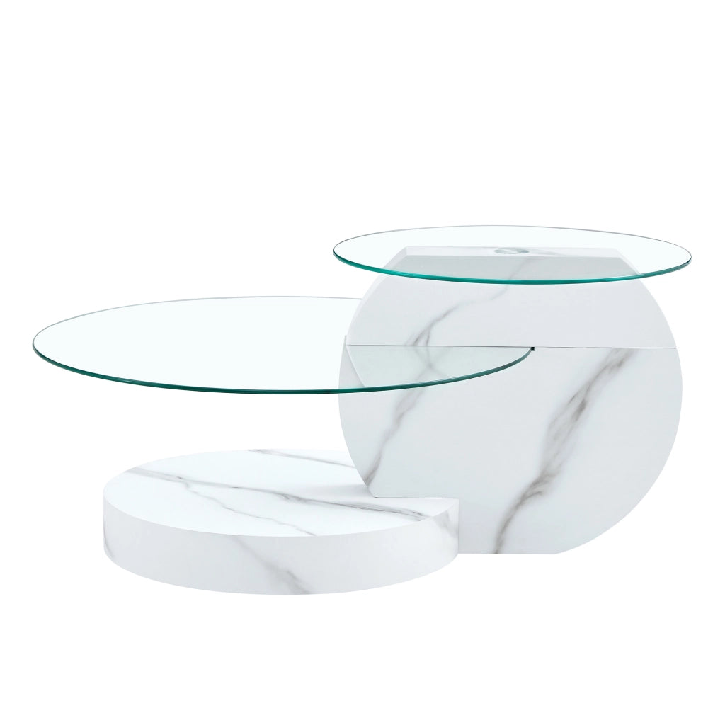 TAVOLINO DA CAFFÈ Doppio piano Ø70/50 cm MDF Bianco Marmo Vetro Trasparente