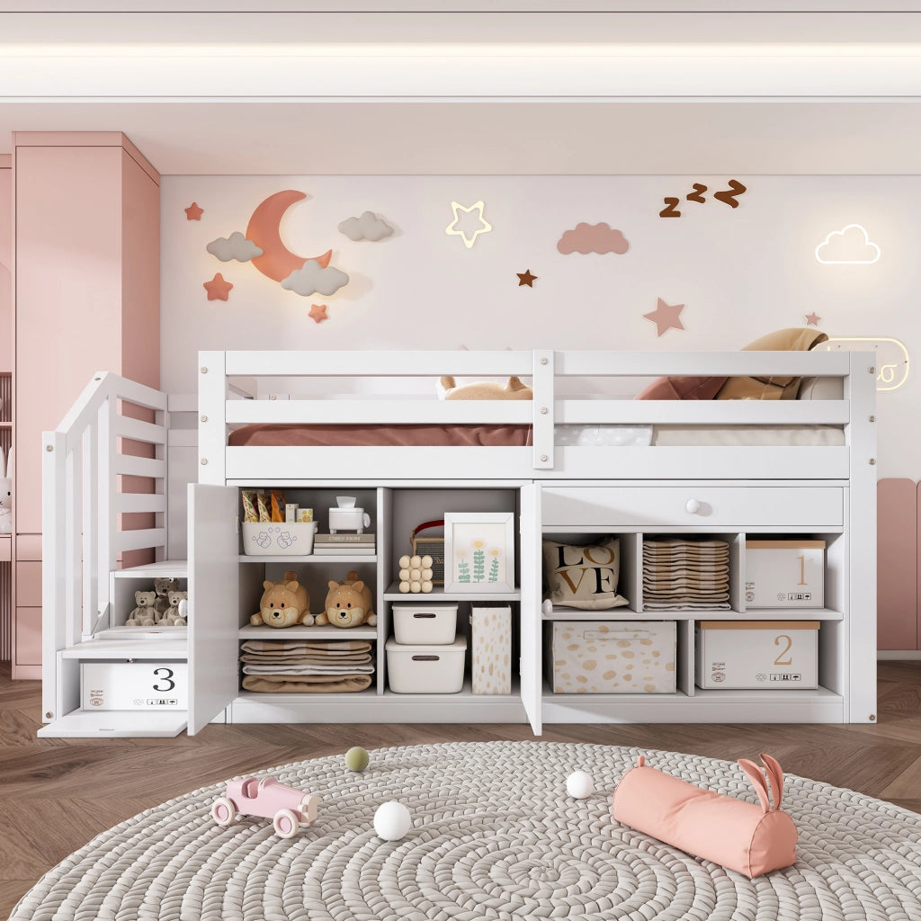 Letto multifunzionale in legno massello 90x200 cm bianco con scala, spazio contenitore e cassetti trasformabili in scrivania