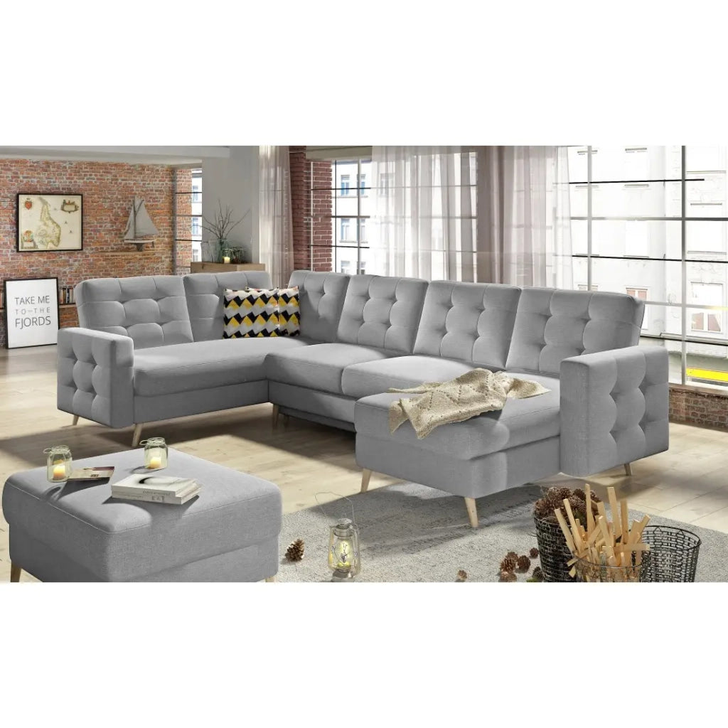 Divano angolare panoramico convertibile U HASGARD 326 cm grigio chiaro con contenitore